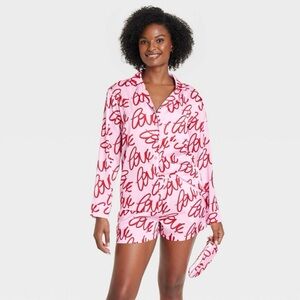 Auden 3 Piece Satin Pajama Set, Valentine Anniversary Love Script Pink & Red